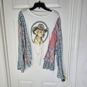 Upcycled dog in cowboy hat‎ plaid flannel OS